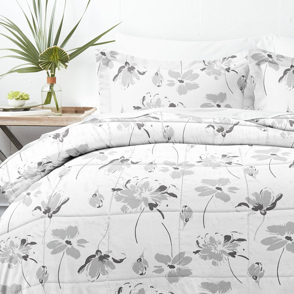 Noble Linens 3-Piece Light Gray Magnolia Gray Print Comforter Set, King/CalKing