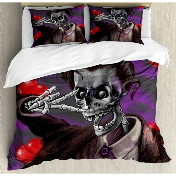 Skull Duvet Cover Set, Romantic Skeleton Handsome Corpse Groom with Tuxedo Hearts in the Backdrop Print, Decorative 3 Piece Bedding Set with 2 Pillow Shams, Queen Size, Black and Red, by Ambesonne