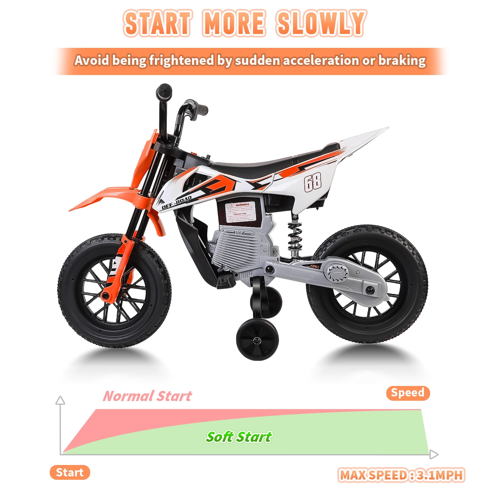 Farmdex 12V Ride on Dirt Bike for Kids, Ride on Motorcycle with 2 Training Wheels, Electric Motorcycle with Twist Grip Throttle, Built-in Music, 30W*2 Motors, Orange