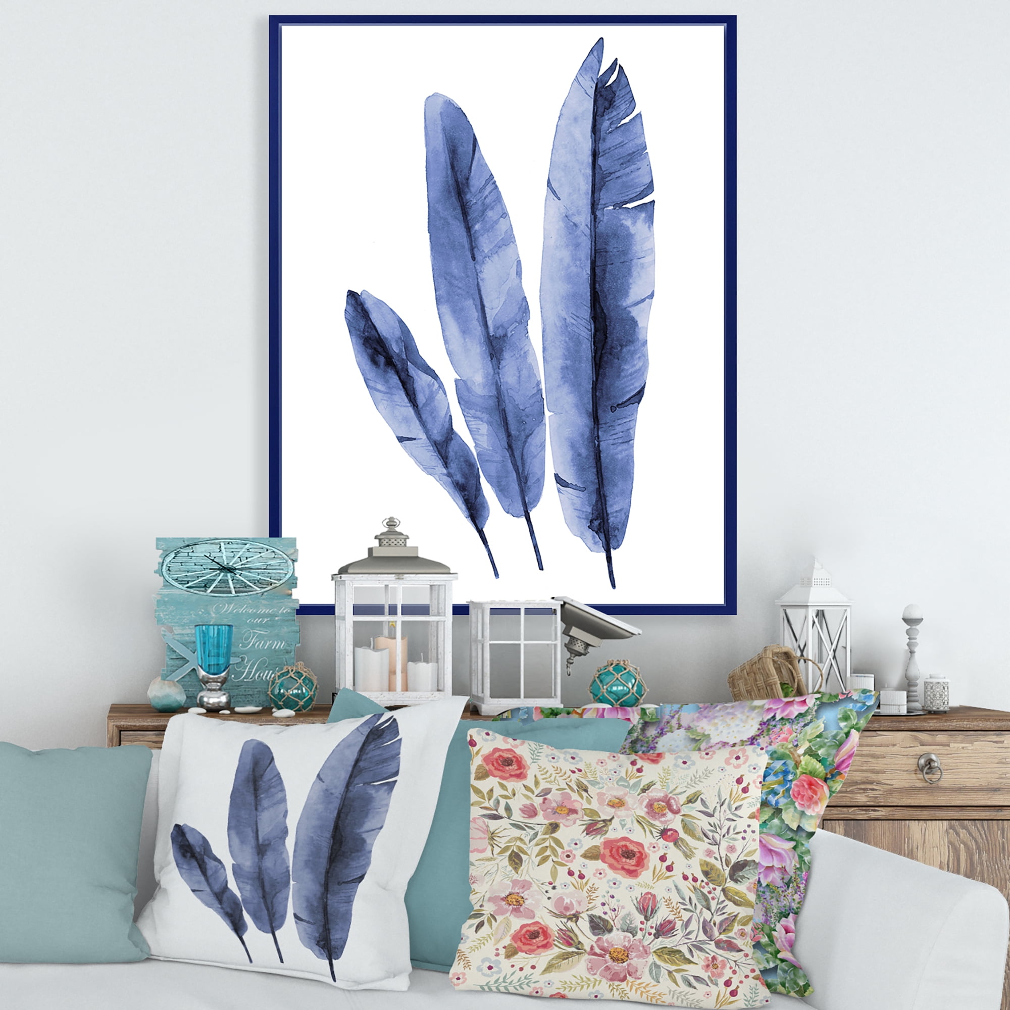 Designart 'Navy Blue Tropical Banana Leaves On White' Tropical Framed Canvas Wall Art Print