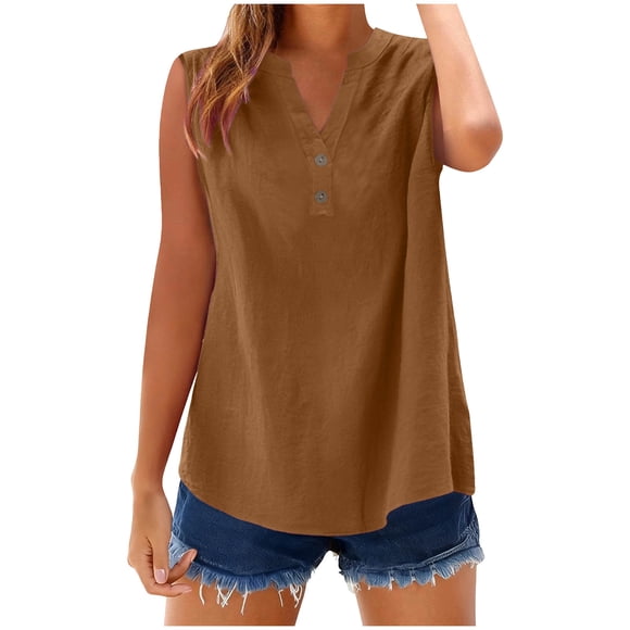 JGGSPWM Chemises en Lin pour Femmes Sans Manches Coton Lin Ample Hauts d'Été Décontractés Tunique à Boutons Col en V Blouses Tenues Marron m