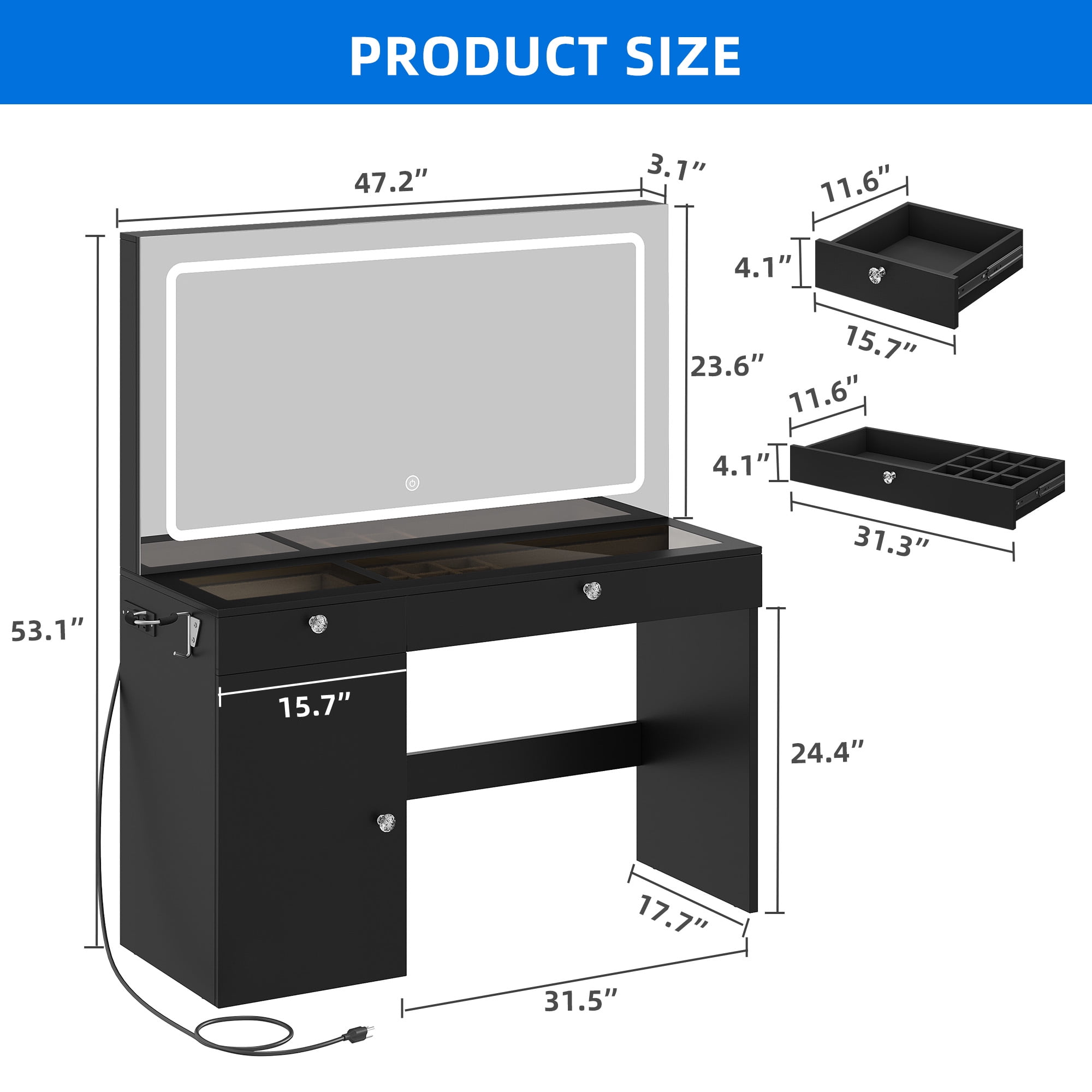 Uforic Modern Vanity Desk with LED Lighted Mirror & Power Outlet, Makeup Vanity Table with Drawers & Cabinet , Bedroom Dressing Vanity with Dividers and Hair Dryer Rack, Black