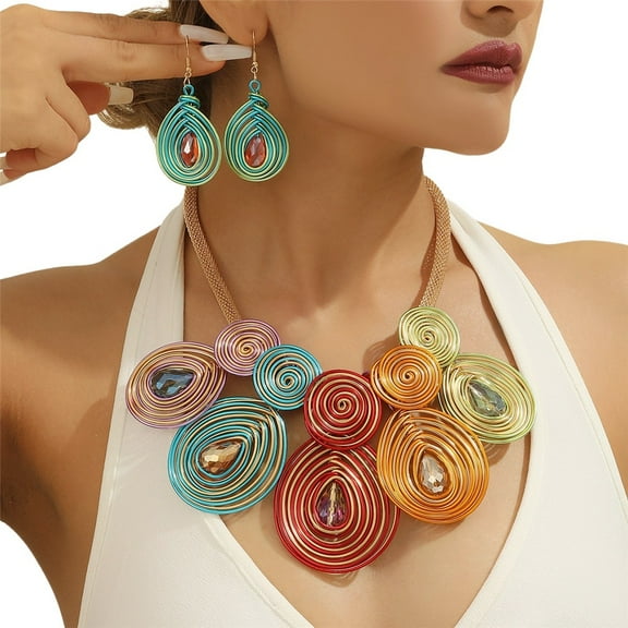 Boho Statement Aluminum Wire Necklace Set For Women Tribal Fashion Costume Jewelry Earring Sets Unique Colorful Big Rhinestone Crystal Pendent Collar Choker Bib Handmad