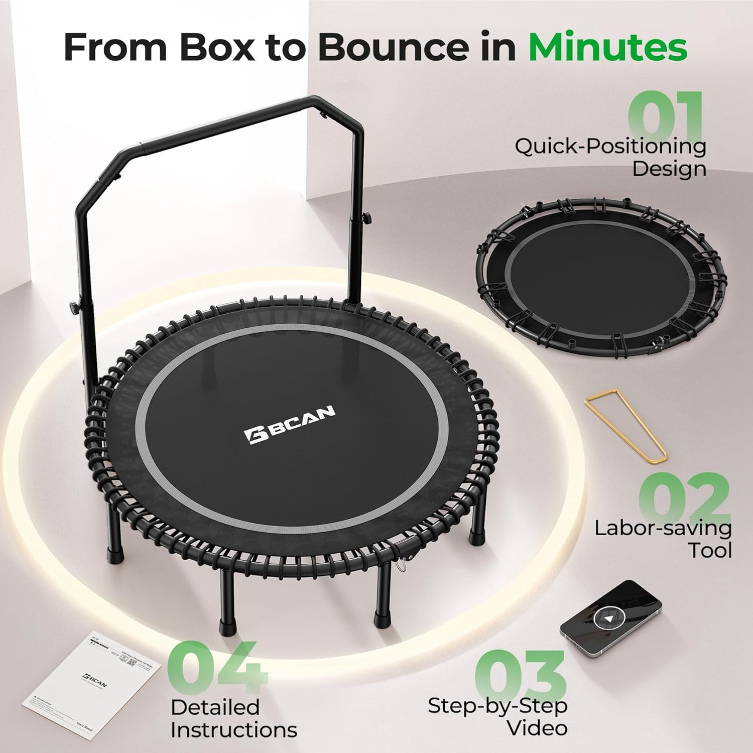 BCAN BT2 48-Inch Adult Mini Rebounder Trampoline, 550-pound weight capacity, adjustable handrails, and a Silent Resistance Band Design, suitable for indoor and outdoor home workouts