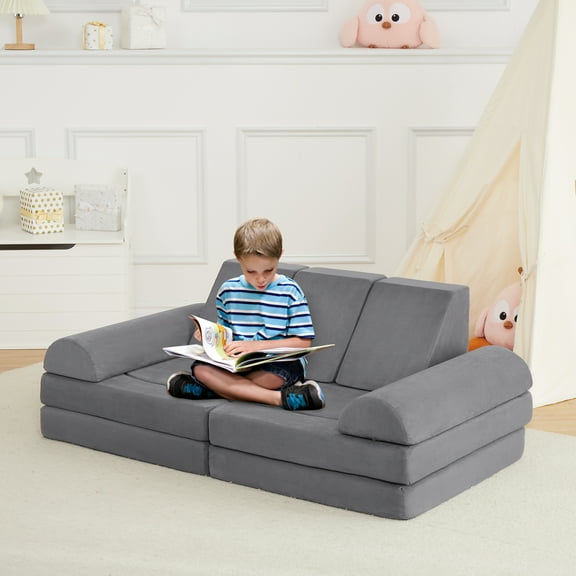 10PCS Modular Kids Play Couch, Kids Couch for Playroom, Kids Modular Couch Convertible Foam Couch, Kids Play Set, for Creative Play, Modular Couch for Kids, Dark Grey