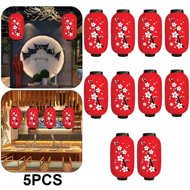 5 Pares Lámparas Farol Ciruelo 25 Cm Lámpara China Tela Forma Larga (A)