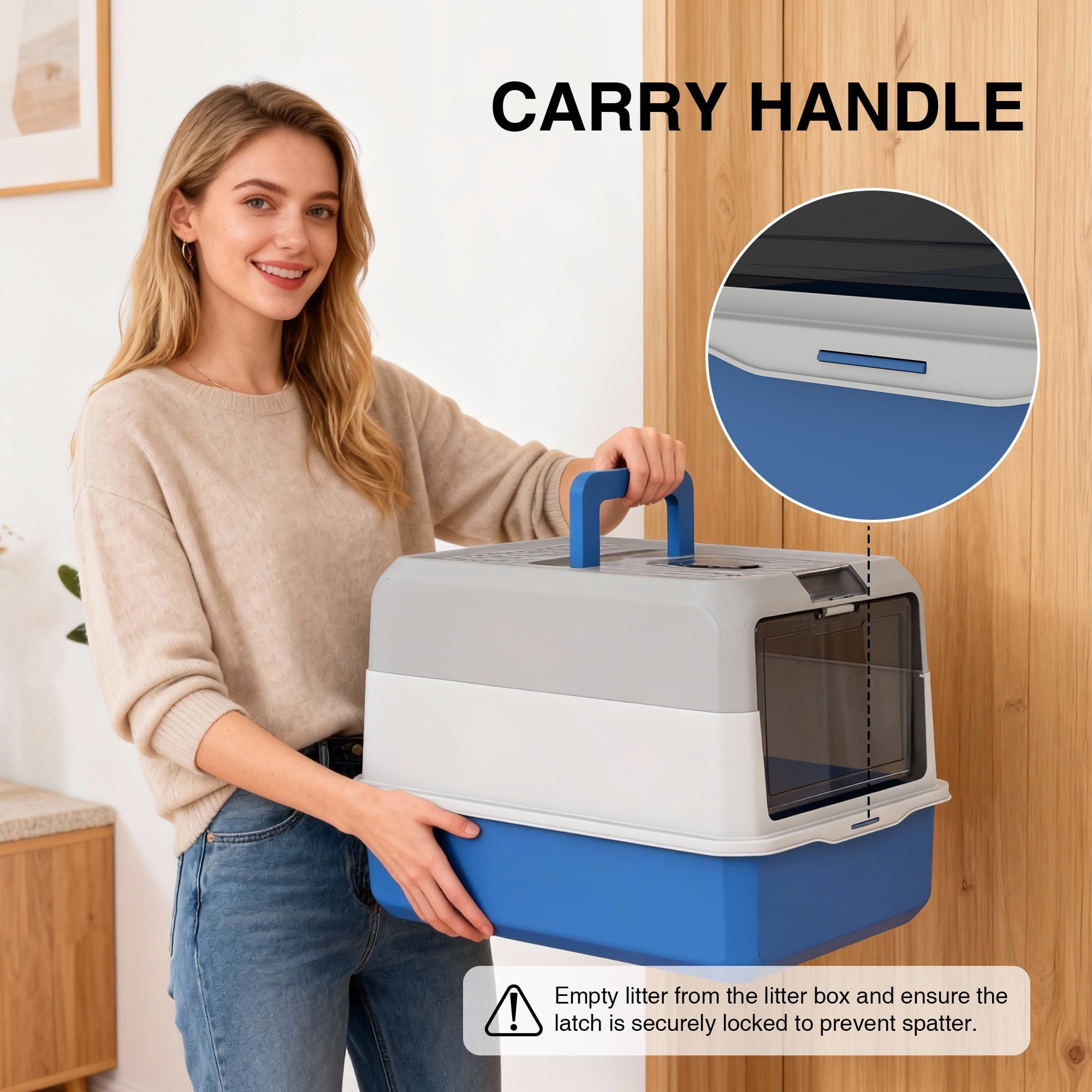 Cat Litter Box Enclosure Large Litter Box with Front Door Flap and Scoop Plastic Blue