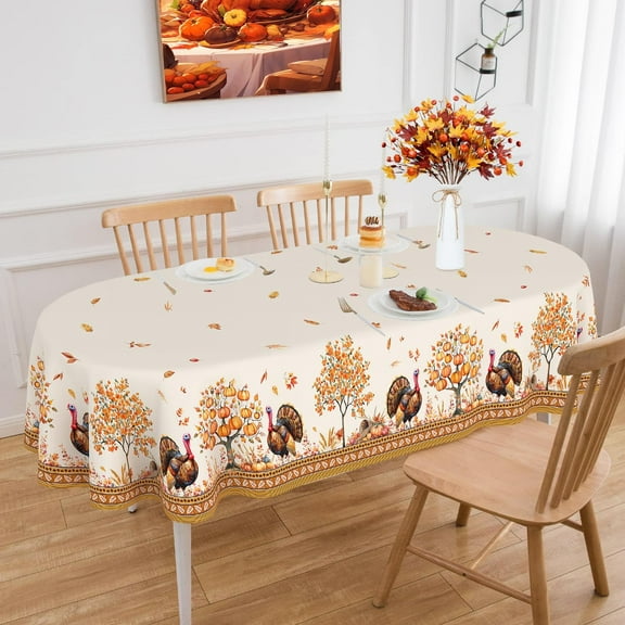 Fall Thanksgiving Tablecloth Oval 52x70 Inch, Turkey Pumpkin Harvest Tablecloth Oval Thanksgiving Table Cloth Cover for Dinner Kitchen Party Decorations