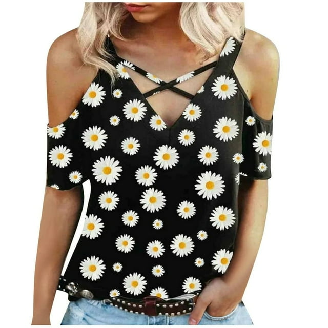 AMERTEER Femmes Aguichant Col en V Couleur Imprimé 3D Manches Courtes Pli Décontracté Blouse Hauts T-shirt pour Femmes