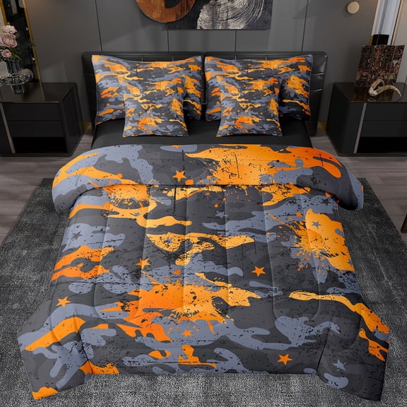 Manfei Kids Orange Camouflage Twin Bedding Sets 7-Piece, Aesthetic Watercolor Bedding Comforter Set, Fashion Artwork Splatter Reversible Sheet Sets, Ultra Soft Bedroom Decor