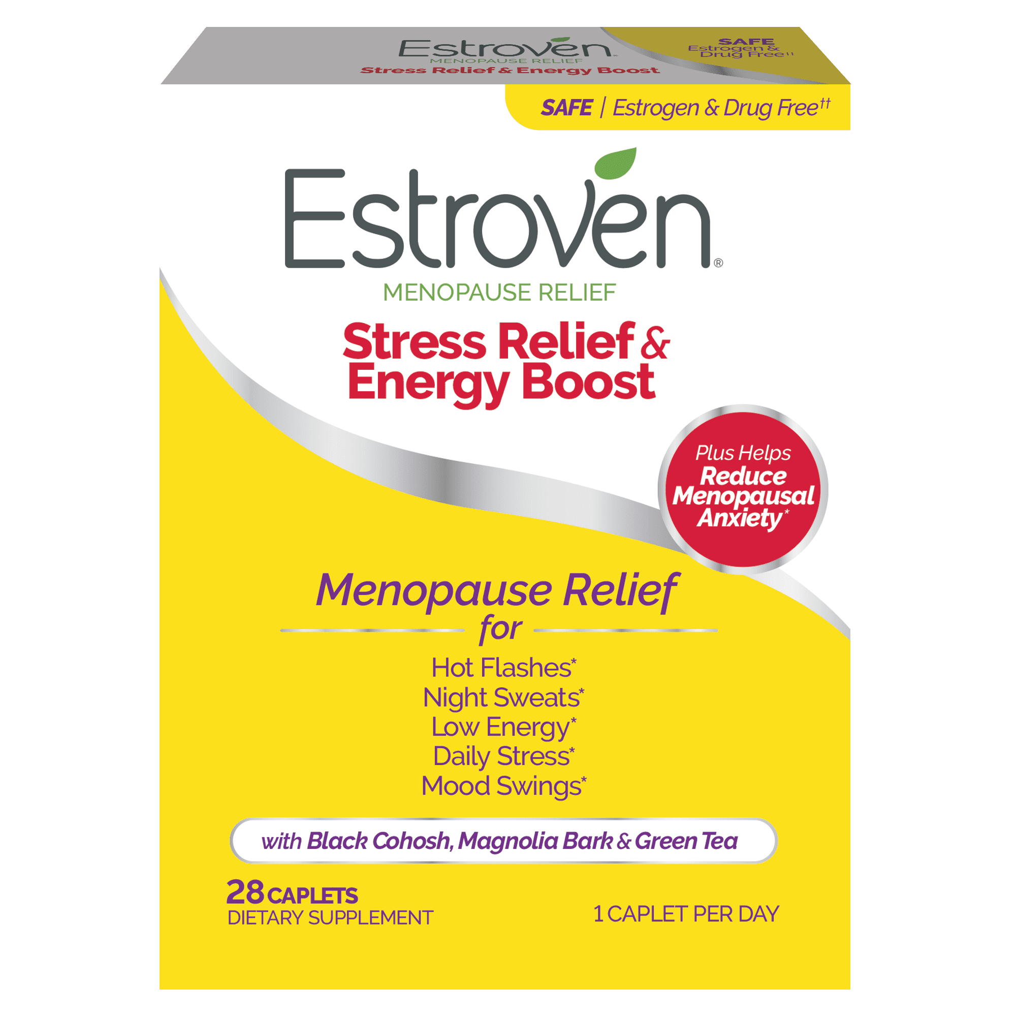 Estroven Menopause Relief + Stress, Maximum Strength, Hormone Free, 28 Ct