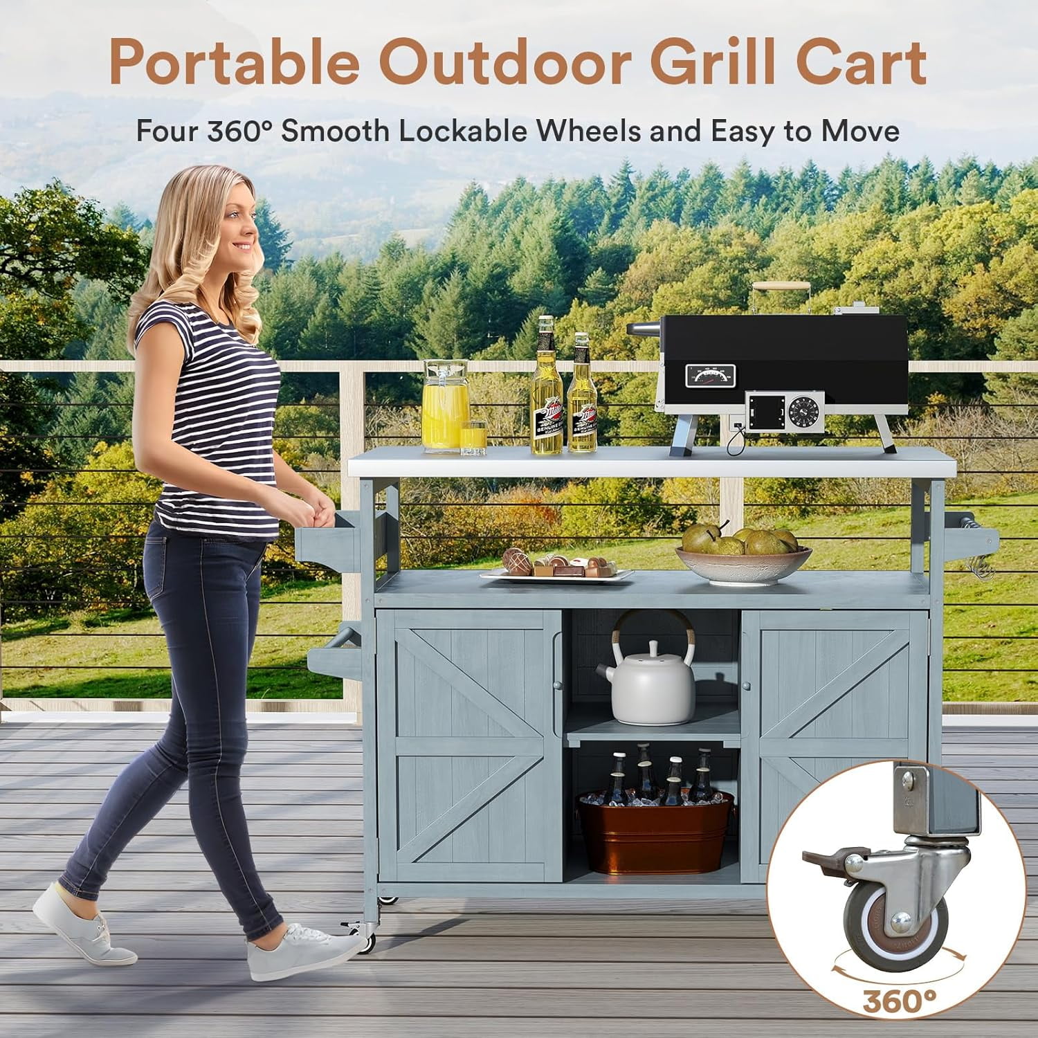 ZIVACATE Outdoor Grill Cart Solid Wood Kitchen Island Stainless Steel Tabletop with Wheels