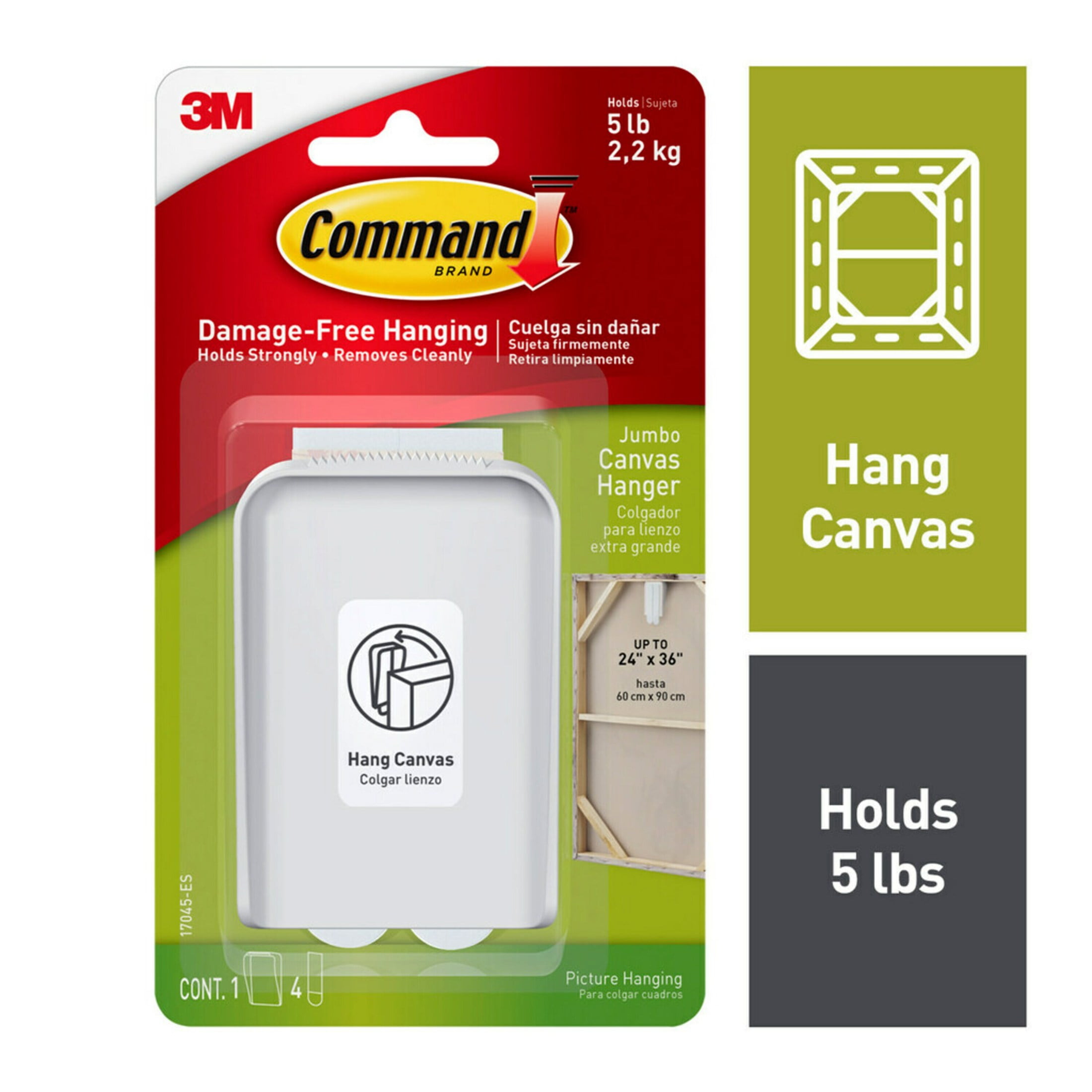 (2 pack) Command Jumbo Canvas Hangers, Holds 5 lb, Indoor Use, White, 1 Wall Hanger, 4 Pairs Adhesive Strips