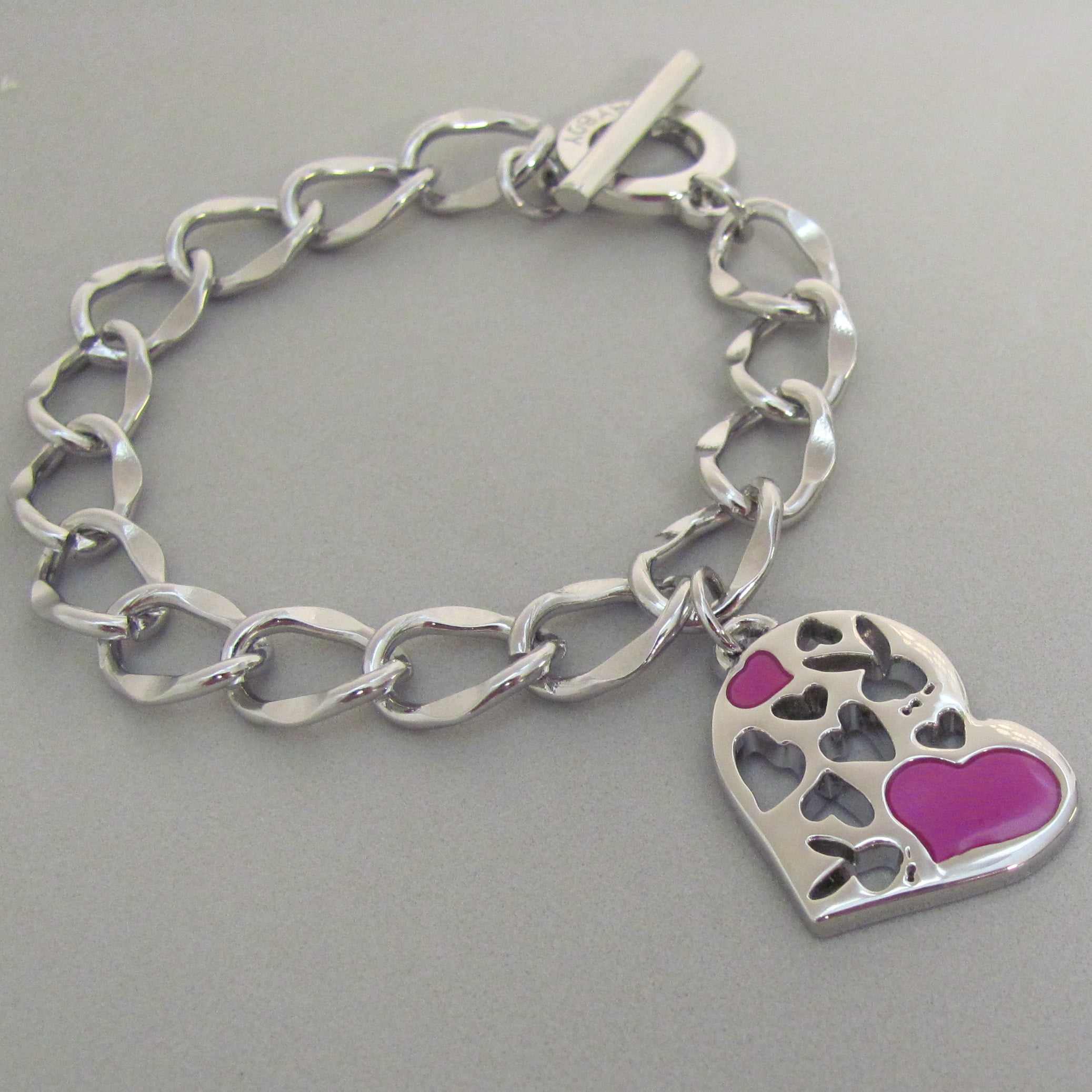 Playboy Bracelet Heart Bunny Charm Pink Enamel Toggle Clasp Platinum Plated