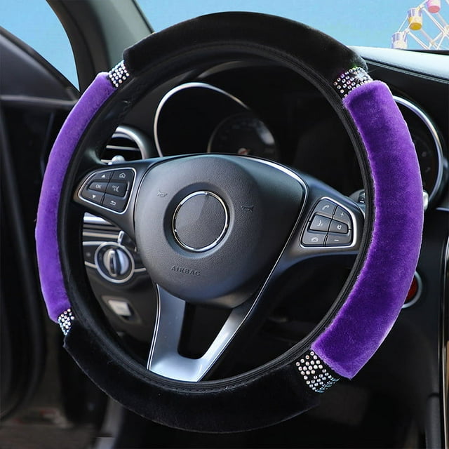 Funda para volante de diamante esponjoso (púrpura) con diamantes de imitación de cristal brillante, protector universal de volante elástico de coche de 15 pulgadas para mujeres y niñas JM
