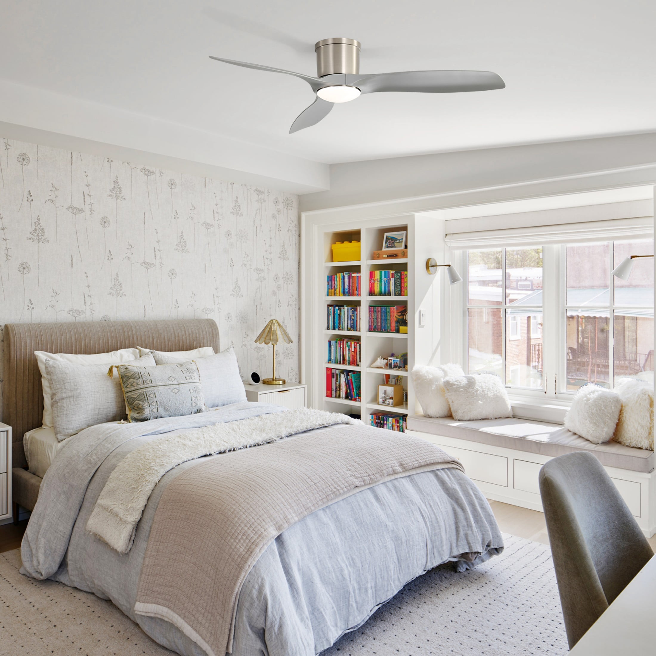 Sofucor 52-Inch Flush Mount Silver Ceiling Fan with Integrated LED Light and Remote Control,Smart Ceiling Fan and APP Control