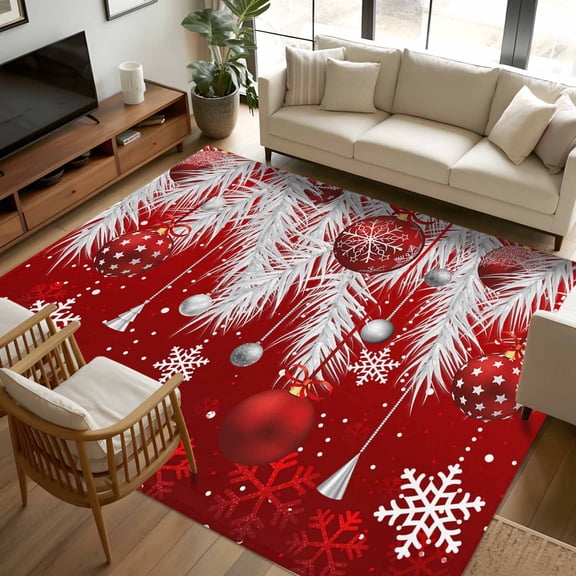 8x10 Area Rugs Red Christmas Non-Skid Rubber Backing Large Rectangle Rugs - Living Room Bedroom Home Office, Xmas Balls Snowflake Silver Pine Needles Indoor Floor Mat Carpets Washable Rug