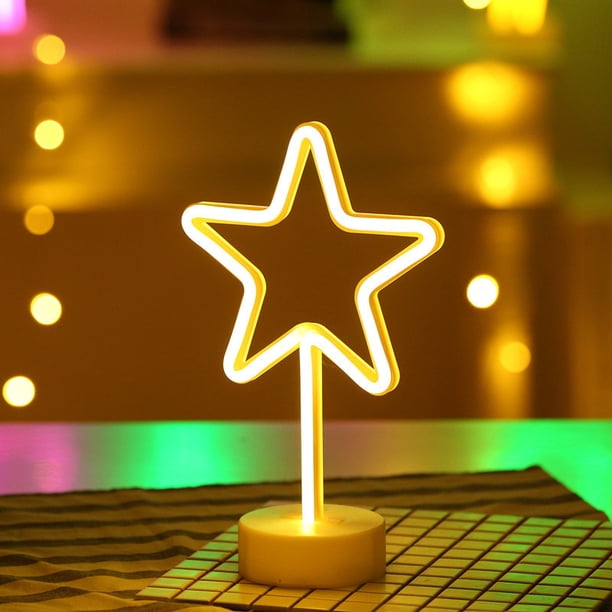 Letreros de luz de neón con forma de estrella LED blanca cálida, luz nocturna, arte decorativo, base de soporte, lámpara de mesa para el hogar, niños, bodas, Navidad, fiestas de cumpleaños, funciona c