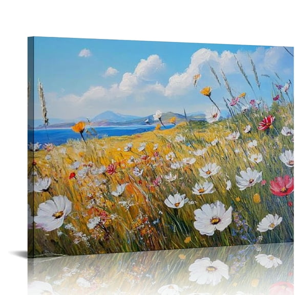 Patifu Large Flower Canvas Wall Art Butterfly Floral Landscape Textured Painting Blue Coastal White Wildflowers Daisy Picture Artwork for Living Room Bedroom Bathroom Office Home Decor 20x16in