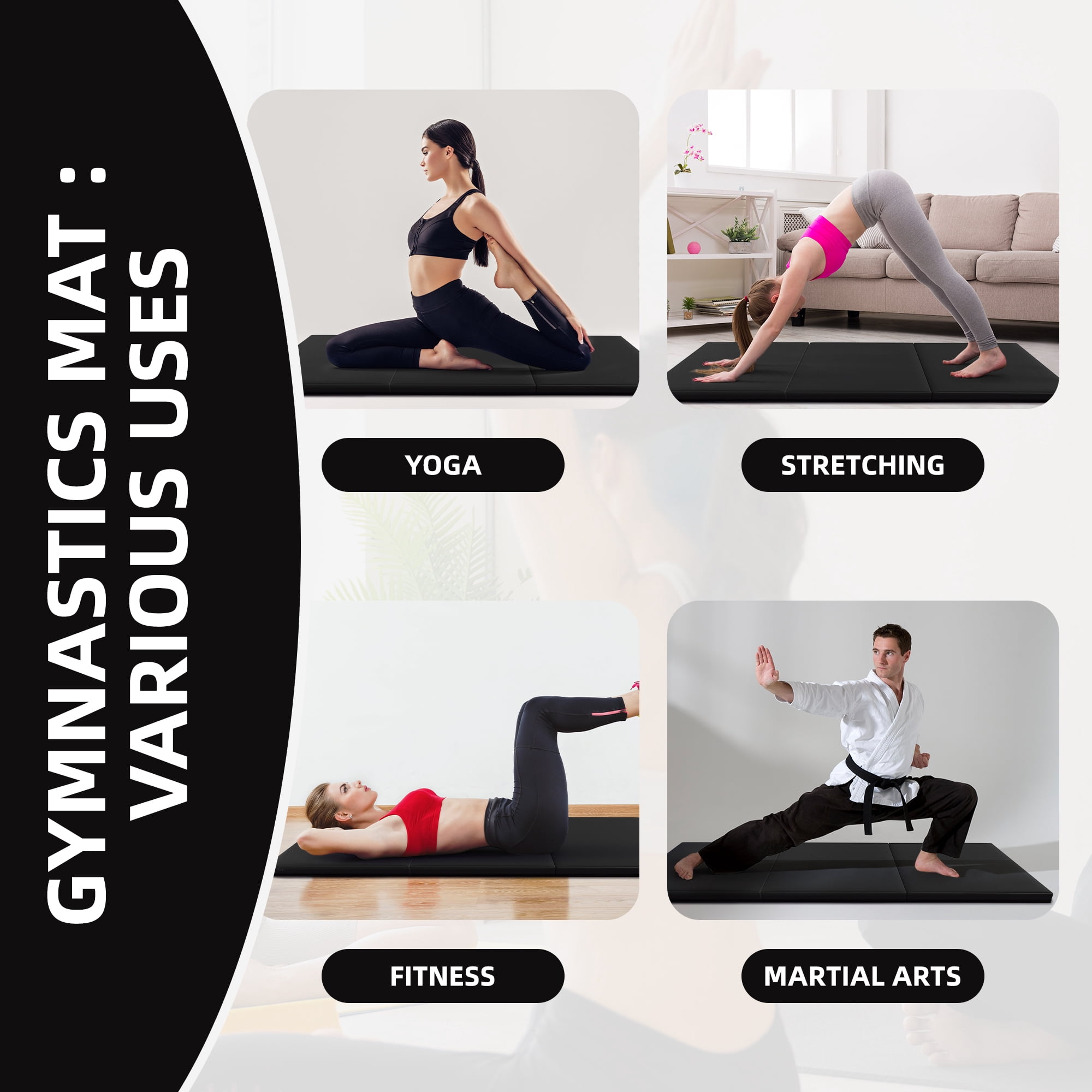 Signature Fitness 2ft x 6ft x 2in Folding Gymnastics Mat, 3-Panel Exercise Mat for Yoga, Tumbling, Stretching, Home Gym, PVC Leather + EPE Foam, Multiple Colors