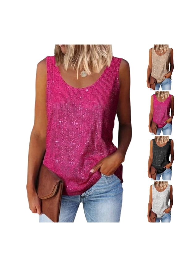 Womens Summer Fashion Sequin Tops Scoop Neck Sequin Sparkle Shimmer Sleeveless Tanks Tops Blouses,Hot Pink XXL