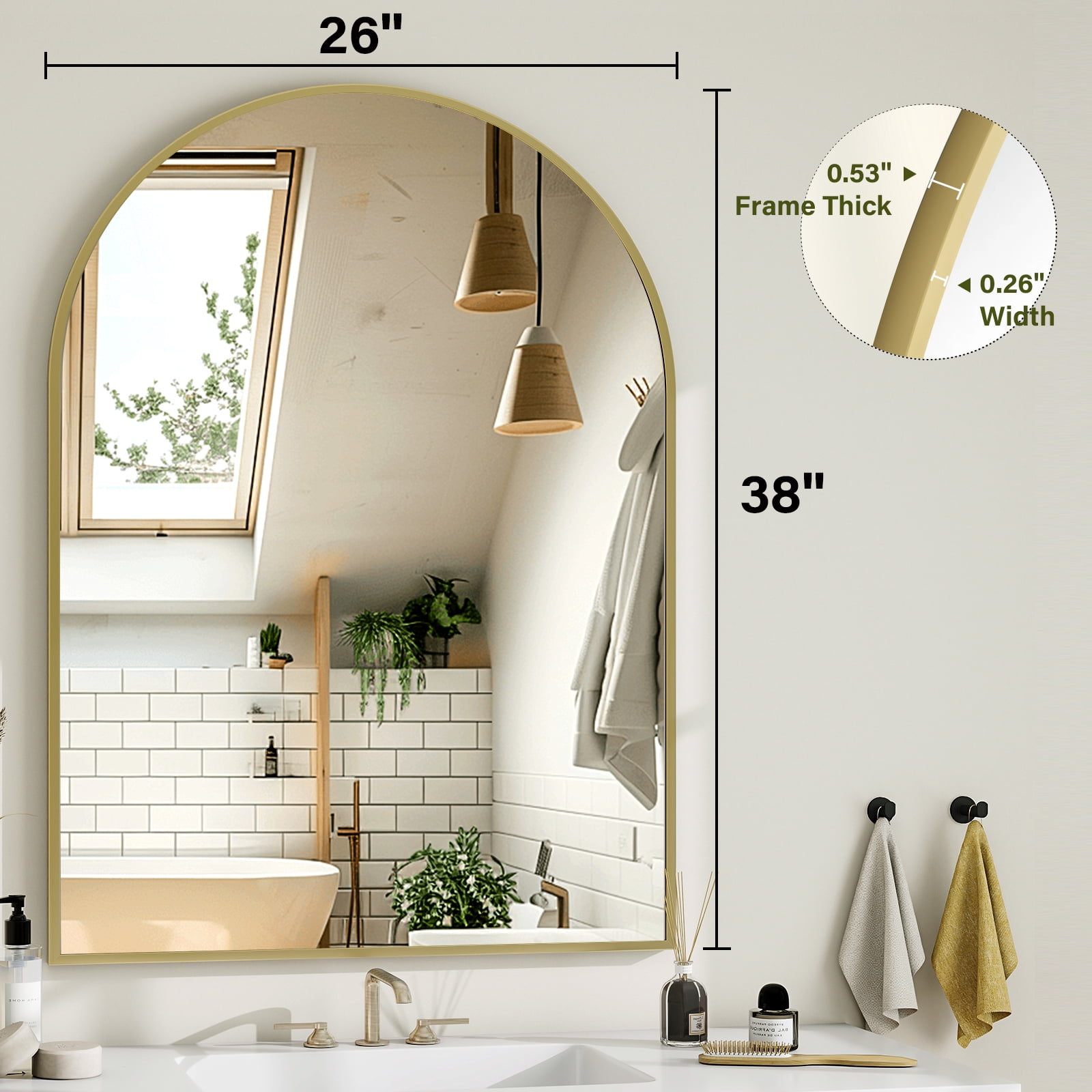 GRAHMCY 38"x26" Arched Bathroom Mirror Wall Mirror With Aluminum Alloy Frame, Gold