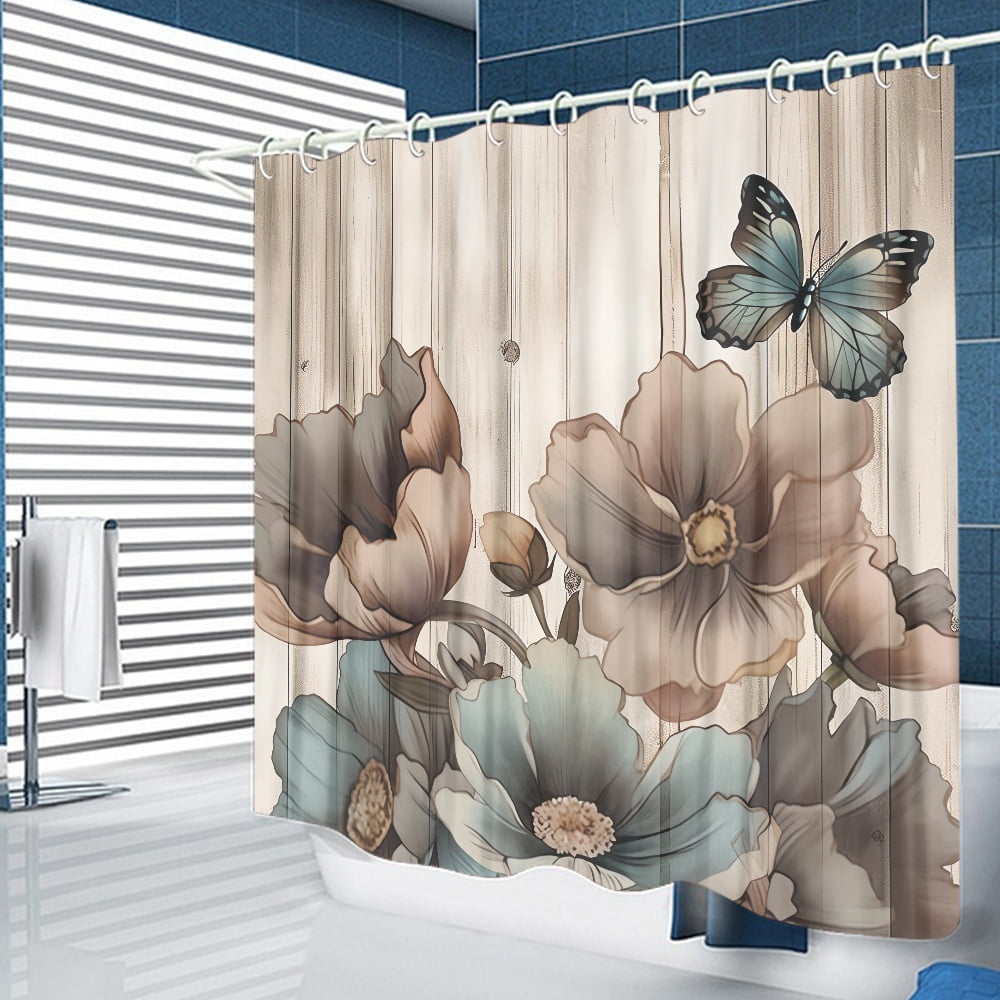 Fraigo Rustic Farmhouse Shower Curtain, Vintage Brown Teal Flower