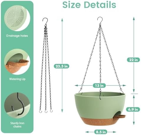 Large Self Watering Hanging Planters for Indoor Outdoor Plants, 13 Inch 2 Pack, Hanging Plant Pots with Removable 50 Oz Reservoir, Plastic Hanging Basket for Window, Porch, Garden