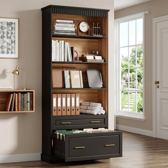 Fnova 72" Tall Bookcase with File Cabinet Drawer, Freestanding Display Storage Shelves, 5-Shelf Open Bookshelf for Home Office Living Room, Black