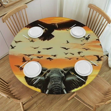 

Patifu Elephants Birds Sunset Round Tablecloth Stain-Resistant Washable Elastic Edge for Home Kitchen Parties Holiday Dinner 31 -35