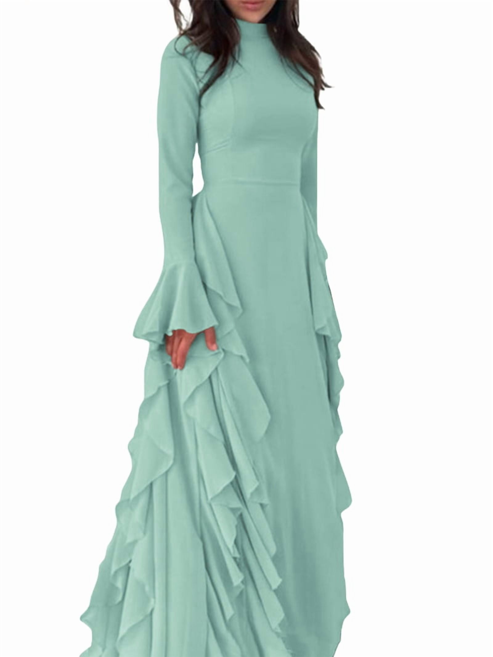Women'S Bodycon Dresses Elegant Bell Sleeve Ruffle Hem Cocktail Party Long Dress Green M