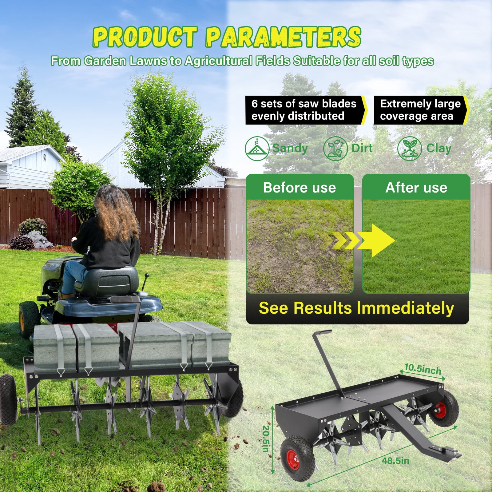 48-Inch Tow Behind Lawn Plug Aerator with Universal Hitch, Lawn Aerator Tow Behind with 30 Galvanised Steel Tines,Tray and Inflatable Wheels for Gardens, Lawns, Farms
