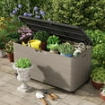 thumbnail image 4 of Decksplore 110 Gal Large Resin Deck Box Lockable, Outdoor Garden Storage Box Waterproof, Elegant Storage Bench for Cushions, Garden Tools(Brown), with Wheels, 4 of 5