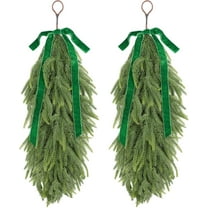 2 Pcs Artificial Christmas Teardrop Swag 28" Faux Norfolk Pine Needles Branches Reusable Hanging Greenery Wreath with Velvet Bow for Holiday Door Table Mantle Fireplace Indoor Outdoor Decor