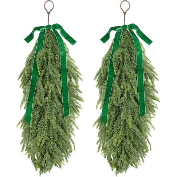 2 Pcs Artificial Christmas Teardrop Swag 28" Faux Norfolk Pine Needles Branches Reusable Hanging Greenery Wreath with Velvet Bow for Holiday Door Table Mantle Fireplace Indoor Outdoor Decor