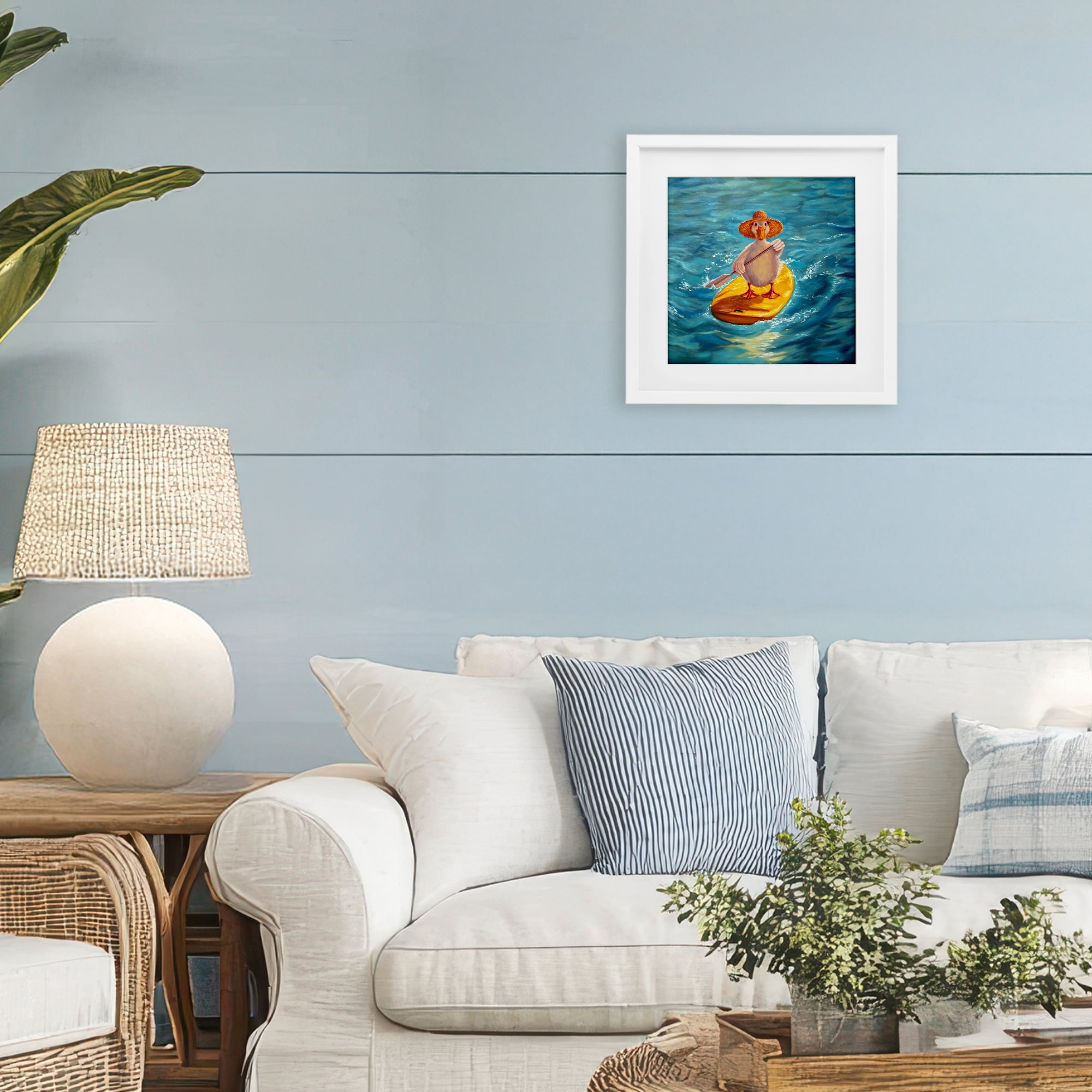 Stupell Industries The Paddler Duck with Straw Hat White Framed Print Under Glass, design by Lucia Heffernan