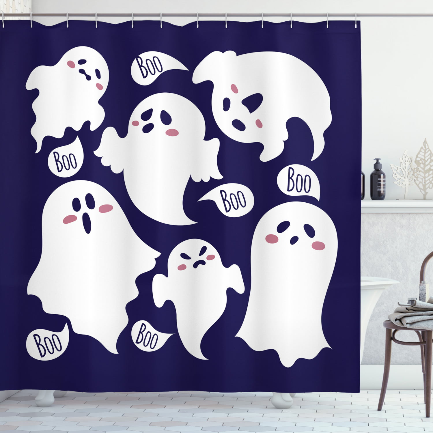 Ghost Shower Curtain, Scary Ghost Characters Drawn in Cartoon Style with  Boo Texts Pattern, Fabric Bathroom Set with Hooks, 69W X 75L Inches Long,  Indigo White Dried Rose, by Ambesonne 