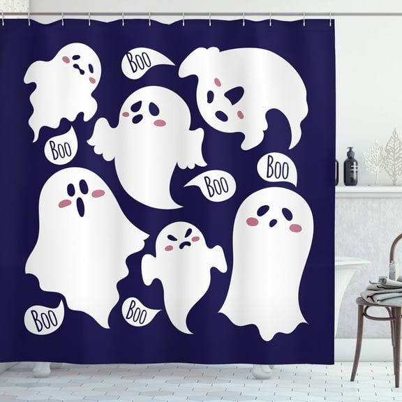 Ambesonne Ghost Shower Curtain, Scary Ghost Characters Boo, 69"Wx84"L, Dried Rose Indigo