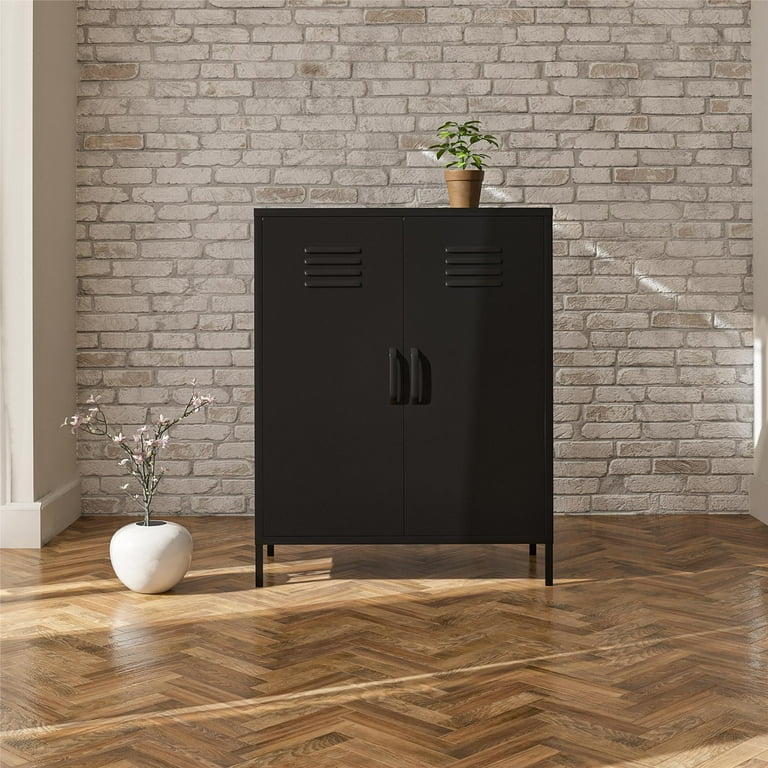 RealRooms Shadwick 2 Door Metal Storage Cabinet, Black, Industrial