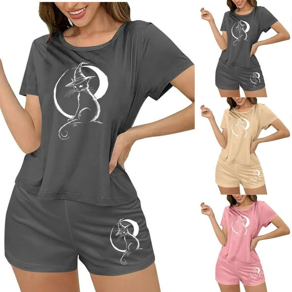 Feancey Pj 2 Piece Sets for Women Halloween Black Cat Print Cute Shorts Set Cozy Soft Short Sleeve Sleepwear Loungewear Outfits Gray L
