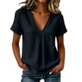 thumbnail image 3 of Craaazy Trendy Short Sleeve Blouses for Women V Neck Solid Color Lightweight Cotton Blend Tops with Pleated Front for Spring Summer Daily Wear, 3 of 9