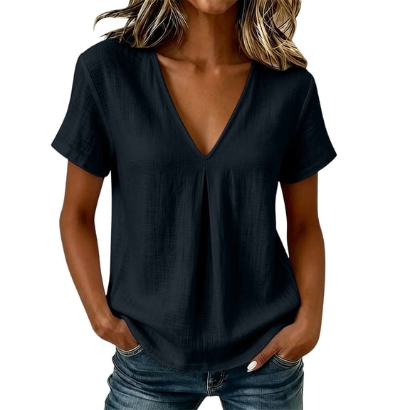 Cilsoka Summer Tops for Women 2026 Casual V Neck Cotton Linen Shirts Short Sleeve Loose Fit Lightweight Blouse Tunics
