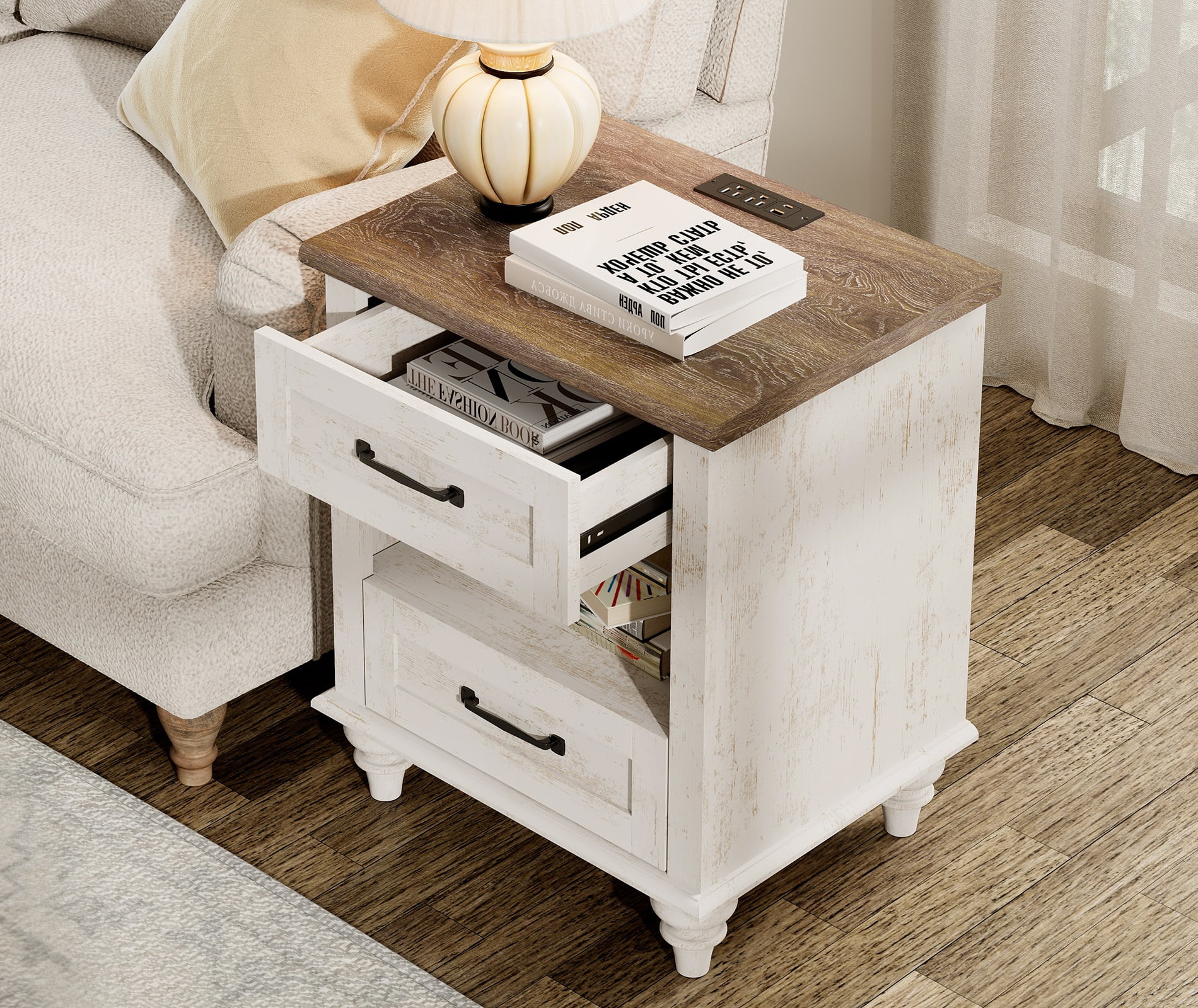 Side Table with 2 Drawers & Open Shelf, Farmhouse End Table with Charging Station, Wooden Nightstand for Bedroom & Living Room, Antique White