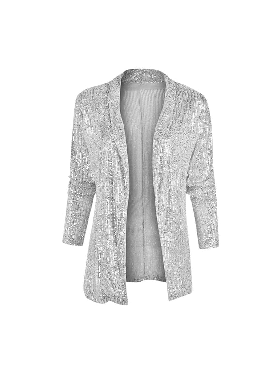 Womens Sequin Jackets Solid Color Open Front Casual Loose Long Sleeve Collar Lapel Sparkly Cardigan Coat With Pockets,Silver,2XL