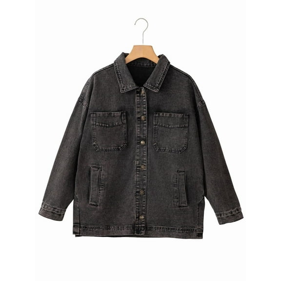 Women'S Jean Jacket Oversized Boyfriend Button Up Long Sleeve Split Zimbaplatinum Denim Jackets Gray L