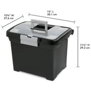 Sterilite Portable File Box, Letter-Size Plastic File Storage Box with Handle and Divided Lid Storage Compartment, Black