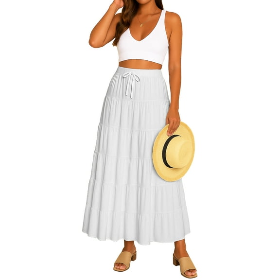 Moomaya Womens Solid Cotton Maxi Skirt with Pockets | Tiered 40-Inch Long Skirt | Elastic Waist Resort Wear | Summer Outfit