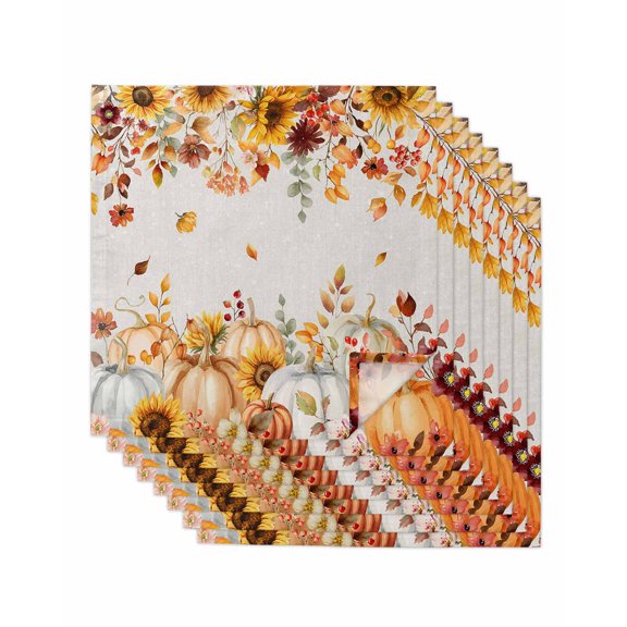 Orange Fall Cloth Napkins Set of 8 Reusable Dinner Napkins, Thanksgiving Pumpkins Sunflower Rustic Cocktail Napkin Washable Table Napkins for Wedding/Holiday Party/Baby Shower 20"x20"