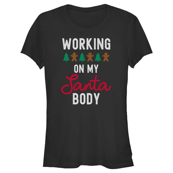 Junior's Lost Gods Working On My Santa Body Graphic Tee Black Small