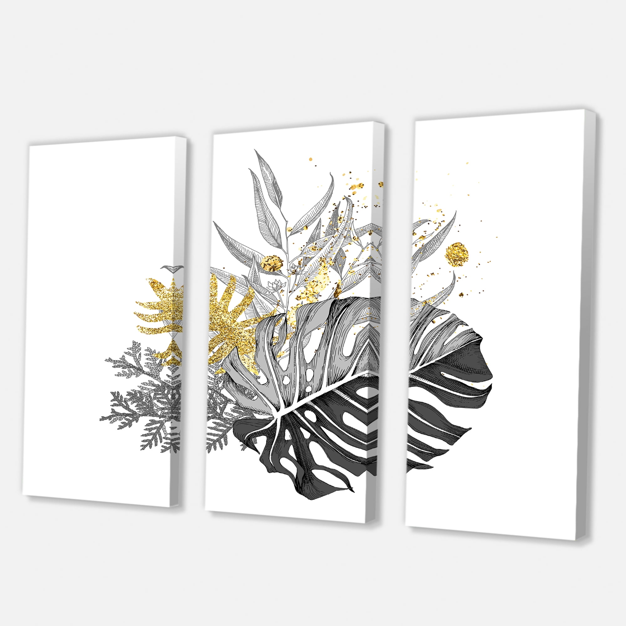 Designart ' Bouquet With Golden Tropical Leaves and Monochrome ' Tropical Canvas Wall Art Print